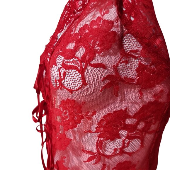 1980's-90's Victoria's Secret Gold Label Valentine Red Net Lace Teddy Lingerie - Picture 7 of 10